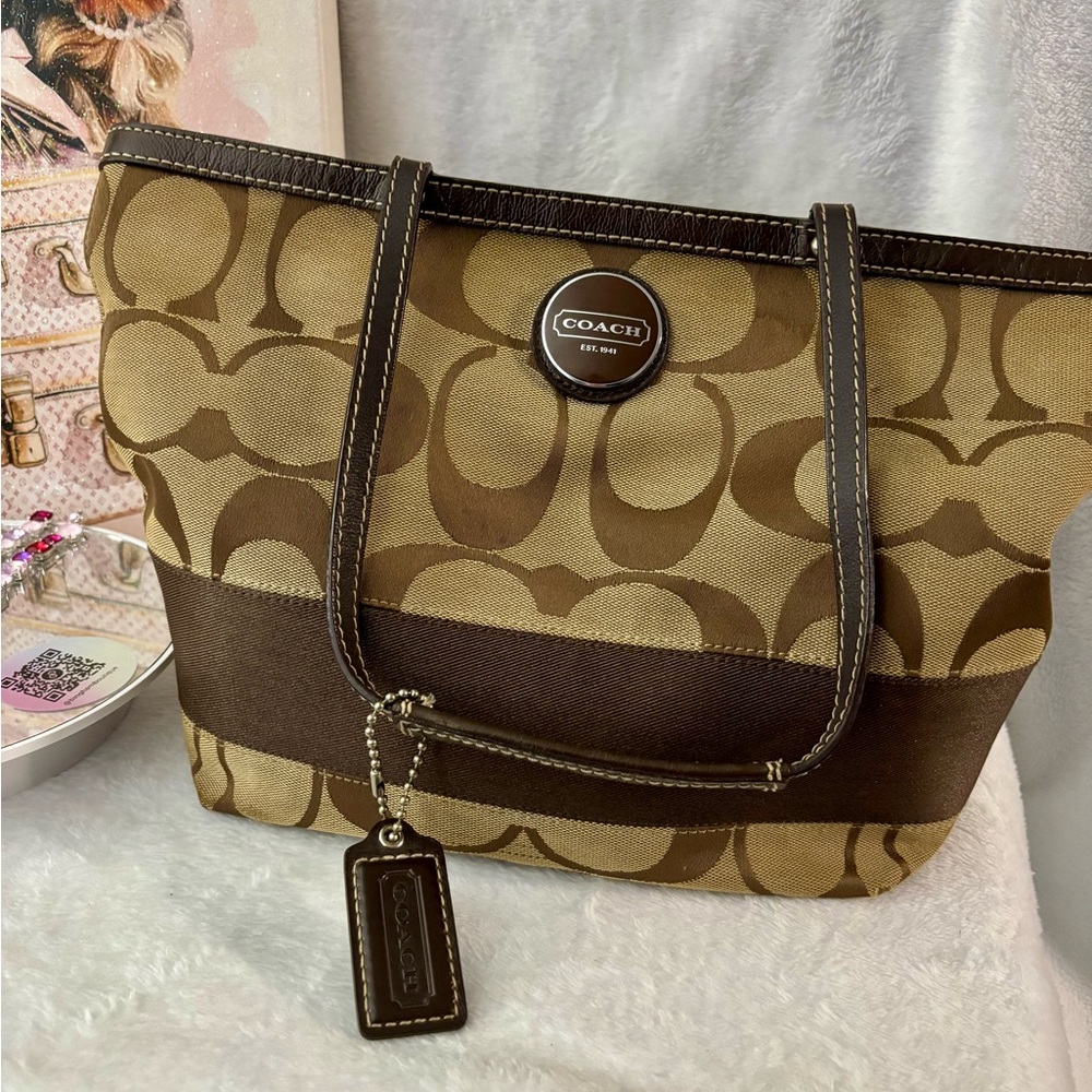 Coach Signature Canvas Carryall Tote Bag with brown leather trim - 2011